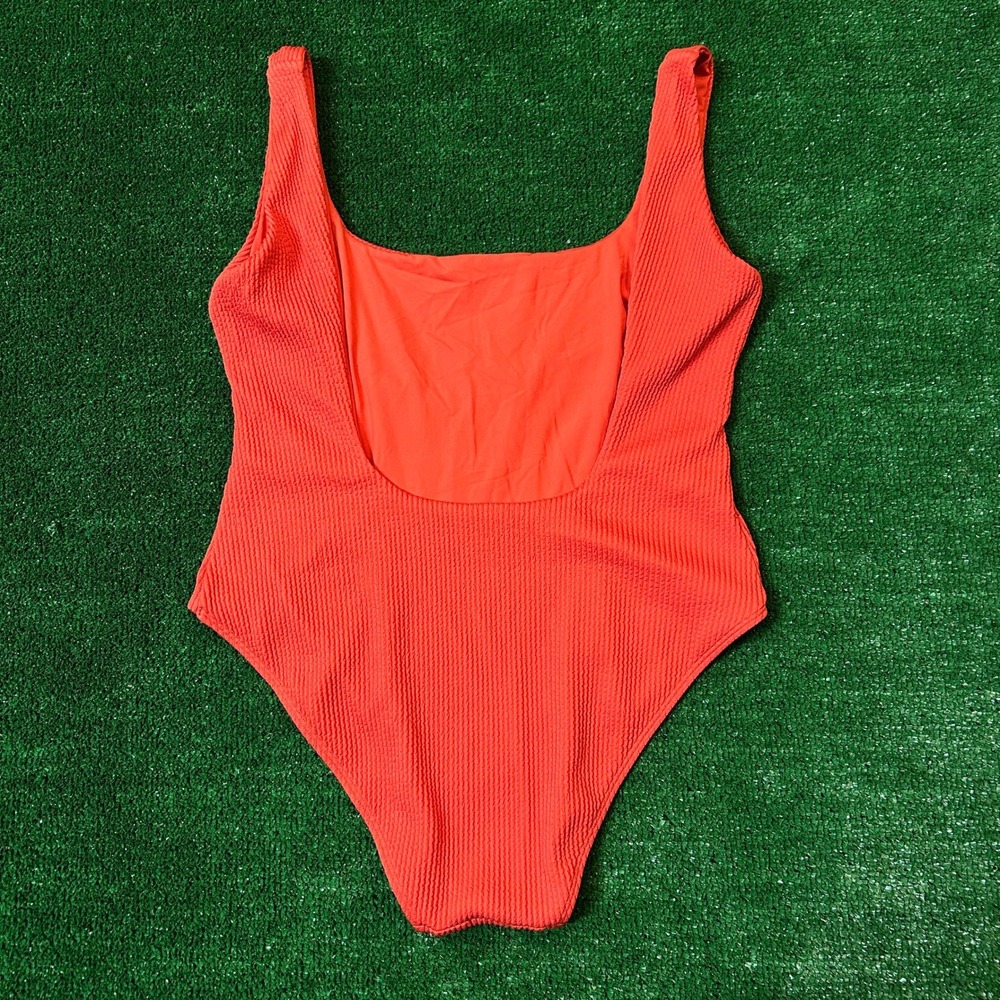 Monday Swimwear One Piece Swimsuit W L Coral Red Textured Square Neck Low Back - Picture 2 of 13